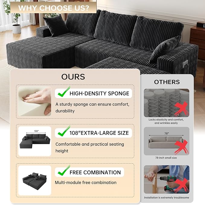 108" U Shaped Sectional Couch with Ottoman, Corduroy Modular Sectional Sofa with Deep Seat, Modern Modular L-Shape Sofa Couch with Chaise,Upholstered Boneless Couches for Living Room Bedroom