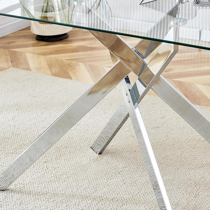 51.2" Glass Dining Table, Modern Kitchen Table for 4-6 People, Contemporary Rectangular Dining Room Dinner Tables with Clear Glass Top & Silver Metal X Legs for Kitchen Apartment