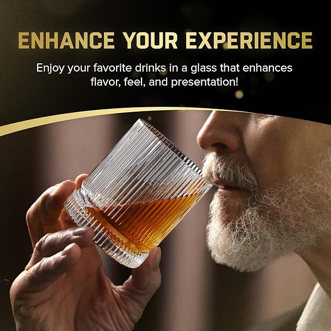 Crystal Old Fashioned Whiskey Glasses Set of 6, 12 Oz Ribbed Bourbon Glass, Ultra-Clarity Double Base Liquor Vodka rocks Cocktail Scotch Tumbler Bar Glasses Set