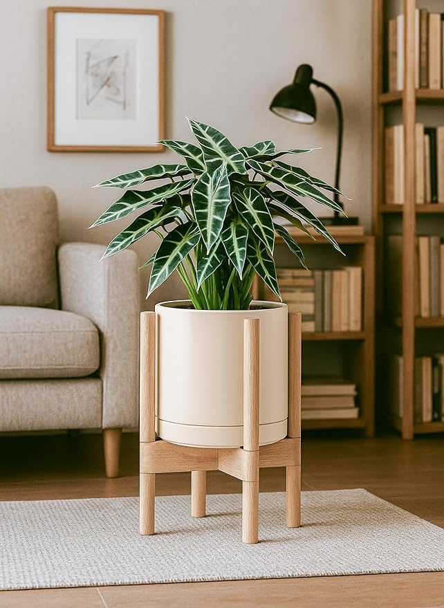 D'vine Dev Ceramic Planter with Natural Stand - 8 Inch Modern Round Flower Pot with Wood Planter Holder, Oatmeal, 55-B-N-8