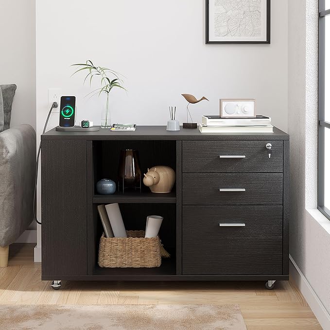 YITAHOME File Cabinet with Charging Station, Mobile Lateral Filing Cabinet with Lock for Home Office, Printer Stand with Open Storage Shelf, Fits A4, Letter, Legal Size Files, Office Furniture, Black