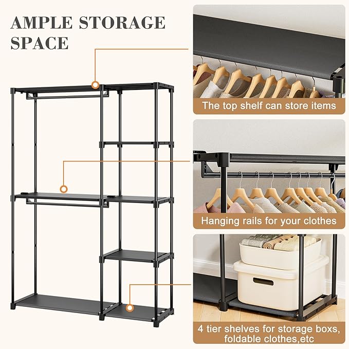 Neatrays Portable Closet, Freestanding Wardrobe Closet Organizers and Storage,Open Clothing Racks for Hanging Clothes with 4 Shelves and 2 Hanging Rods,47.8x15.8x63.4 Inches