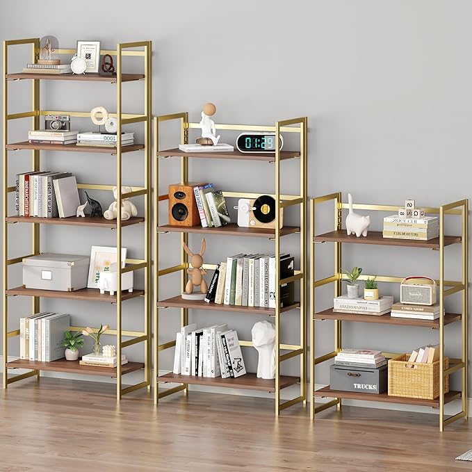 BHG Vintage Multifunctional Folding Bookshelf,5 Tier No-Assembly Plant Stand Storage Rack Shelves for Home Office (Brown&Gold, 5-Tier)