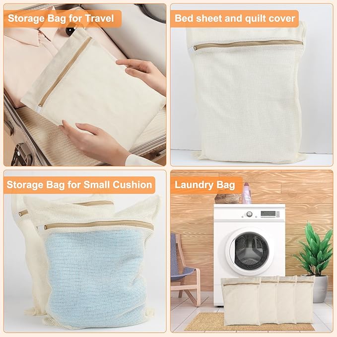 4-Piece Medium Durable Organic Cotton Mesh Laundry Bags with Sturdy Zippers and Breathable Mesh are Delicate Laundry Bags for Underwear, Clothes, Pants and Socks