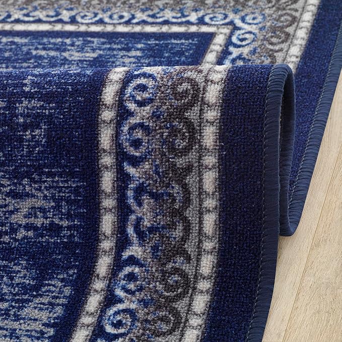 Antep Rugs Alfombras Bordered Modern 2x4 Non-Slip (Non-Skid) Low Pile Rubber Backing Kitchen Area Rug (Navy, 2'3" x 4')