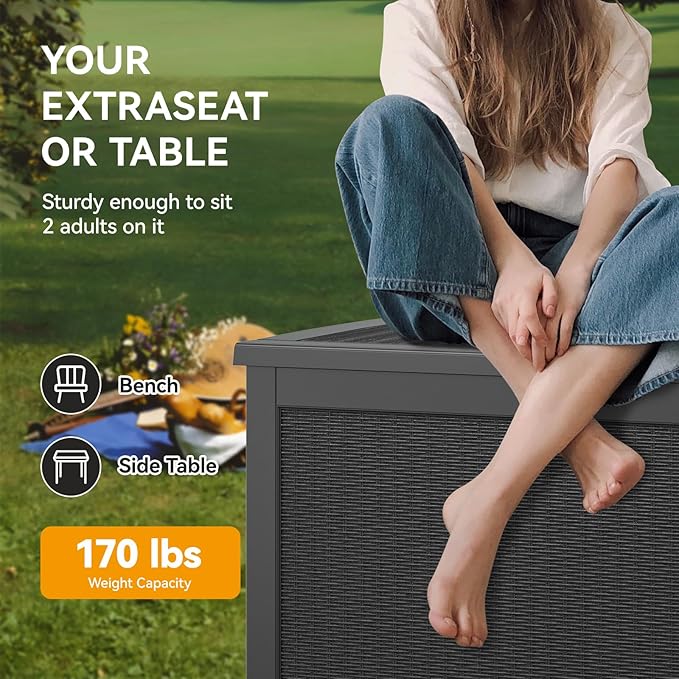 KAMABOKO 260 Gallon Outdoor Storage Box, Resin Deck Boxes Indoor and outdoor, Waterproof Storage Box Lockable Lid for Garden Tools, Package Delivery, Patio Cushions, Black