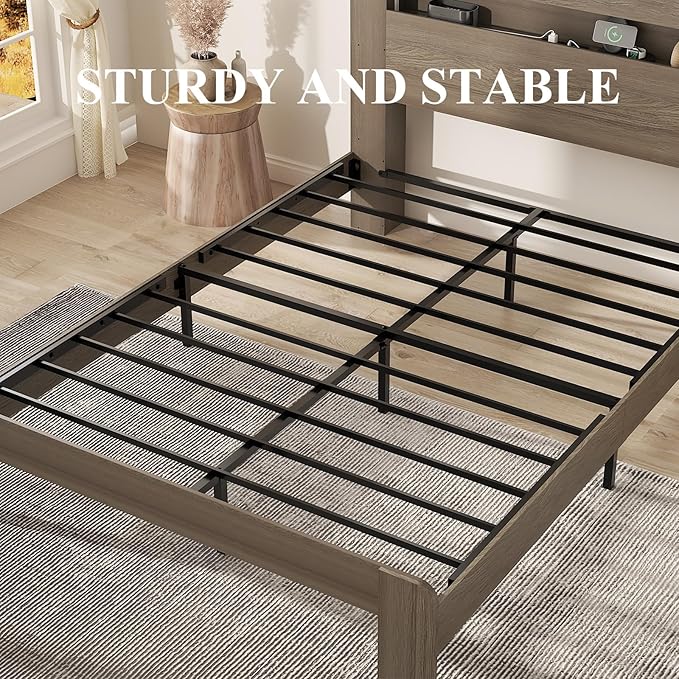 Wooden Bed Frame Full Size with Storage Headboard - Farmhouse Platform Bed Frame with Bookcase Shelf & Led Lights, Sturdy Wood Slat Framework Bed Frame (Light Brown LED)