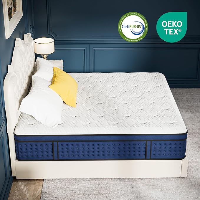 Memory Foam Innerspring Mattress - 14 Inch King Size Mattress for Back Pain Relief, Medium Firm with Reinforced Edge Support, Navy