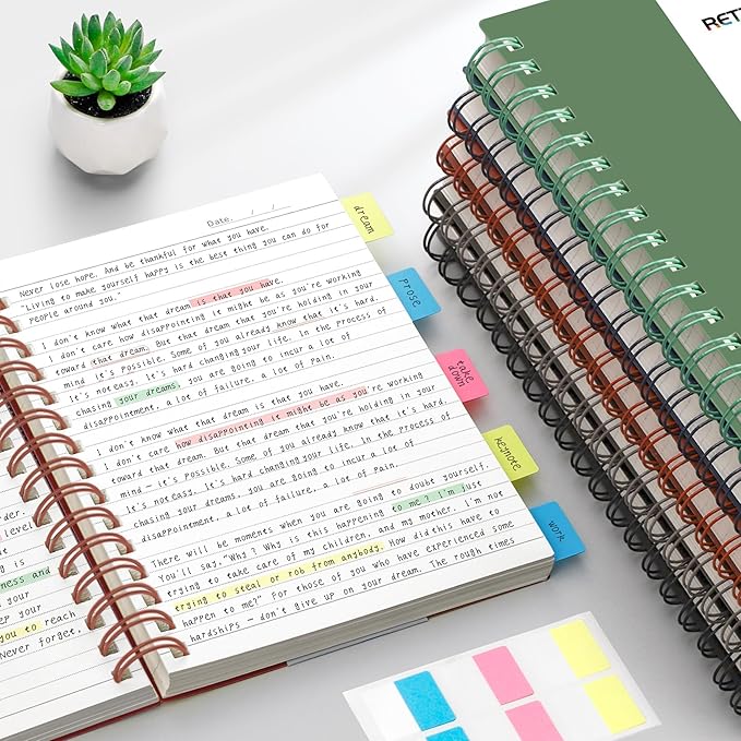 RETTACY Spiral College Ruled Notebook, 300 Pages, B5 Medium Size (7.4" x 10"), for School, Work, Writing, Journaling, 100 GSM Thick Paper, Flexible Plastic Cover (Dark Green)