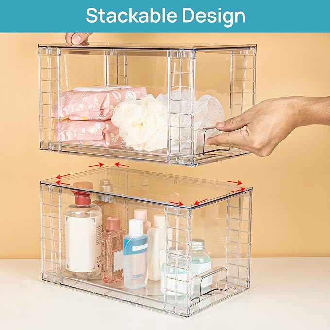 Vtopmart 4 Pack Large Stackable Storage Drawers,Easily Assemble Acrylic Bathroom Closet Undersink Organizers and Storage,Plastic Bins for Kitchen Cabinets,Pantry,Makeup,Medicine Organization