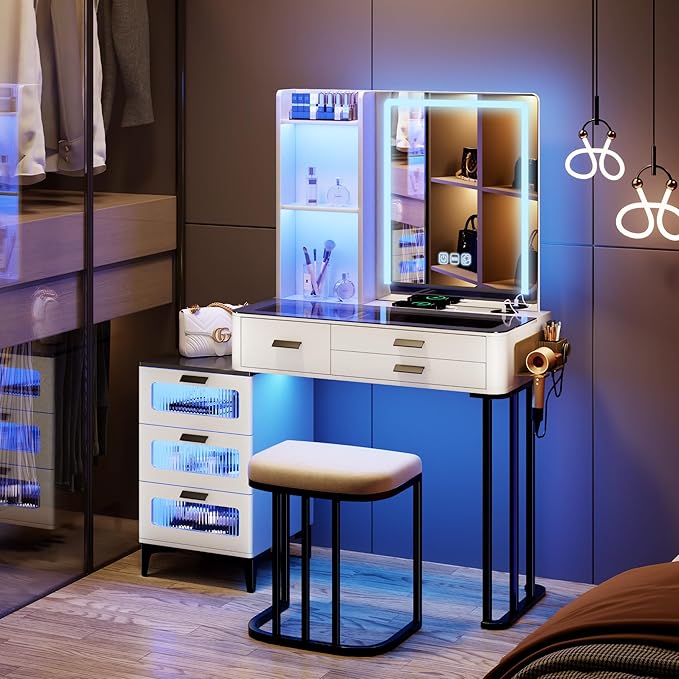 HNEBC Vanitys with HD Glass Display Table, Makeup Desk with Lighted Mirror and Charging Station, Dressing Table with RGB Lights,Jewelry Organizer,Cabinet,6Drawers,Chair for Women/Girls (White)