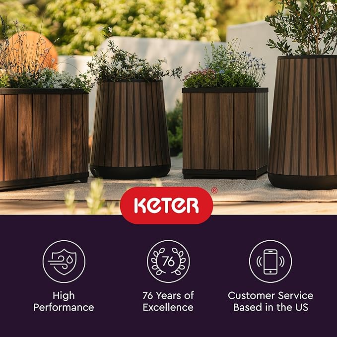 Keter Signature Conic 28.5 Inch Tall Round Large Wood Look Planter for Indoor or Outdoor Flower Pot Ideal for Patio Deck and Front Porch Decor, Rosewood