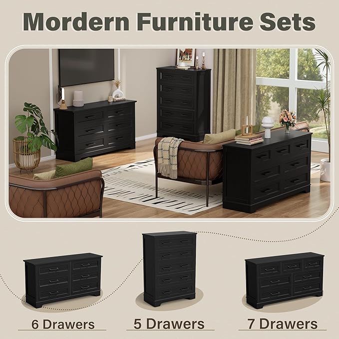 YESHOMY Tall Dresser for Bedroom,Farmhouse 5 Drawers Dresser, Chest of Drawer Chest, Multi-Tier Clothing Storage Cabinet, Black