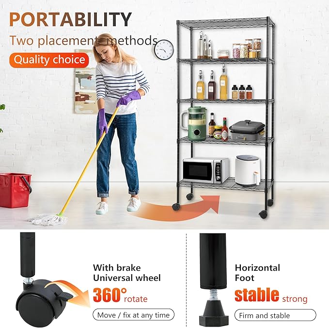 FDW Adjustable 5-Tier Metal Shelf with Wheels, 250 lbs Capacity, Easy Assembly, Ideal for Small Spaces