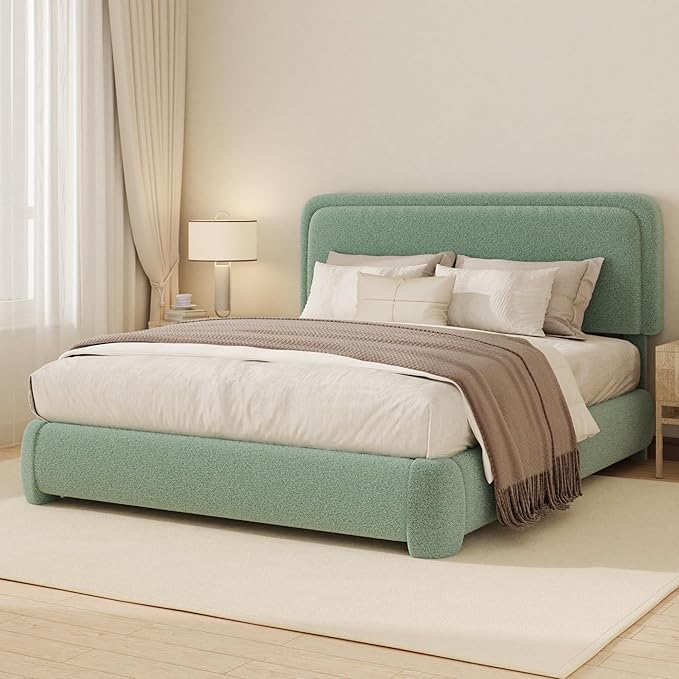 Queen Boucle Platform Bed Frame with Height Adjustable Headboard, Modern Upholstered Cloud Bed, Sleek Curved Design, No Box Spring Needed, Easy Assembly, Noise Free, Green