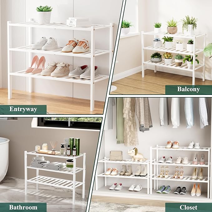 Smiry Shoe Rack, 2 Tier Bamboo Shoe Organizer, Stackable Free Standing Wooden Shoe Storage Shelf for Closet, Entryway, Front Door Entrance, White
