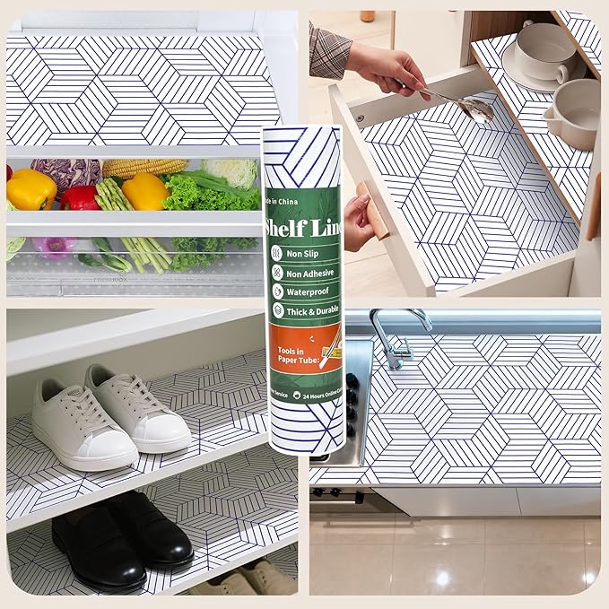 Shelf Liners for Kitchen Cabinets 12in x 20FT, Non Adhesive Cabinet Liner Strong Non-Slip White and Blue Geometric Drawer Liner, Easy to Clean for Shelf, Cabinet with Knife and Tape Measure