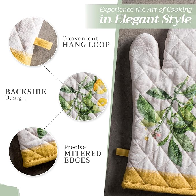 Maison d' Hermine Oven Gloves 100% Cotton Oven Mitt 7" x 13" with Loop Heat Resistant, BBQ, Cooking Gloves, Baking, Grilling, Kitchen, Handling Hot Pans Spring/Summer (Pack of 1, Limoncello)