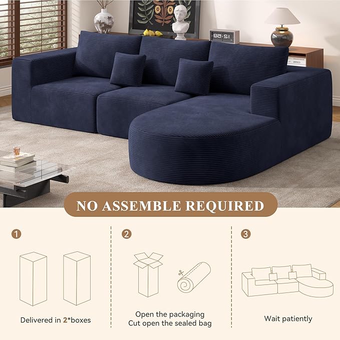 Boneless Couches for Living Room,Modular Sectional Sofa with Ottoman,Cloud Couch in a Box,Sponge Compression U Shaped Sofas with Chaise No Assembly Required(Blue-Corduroy Fabric) 1pcs
