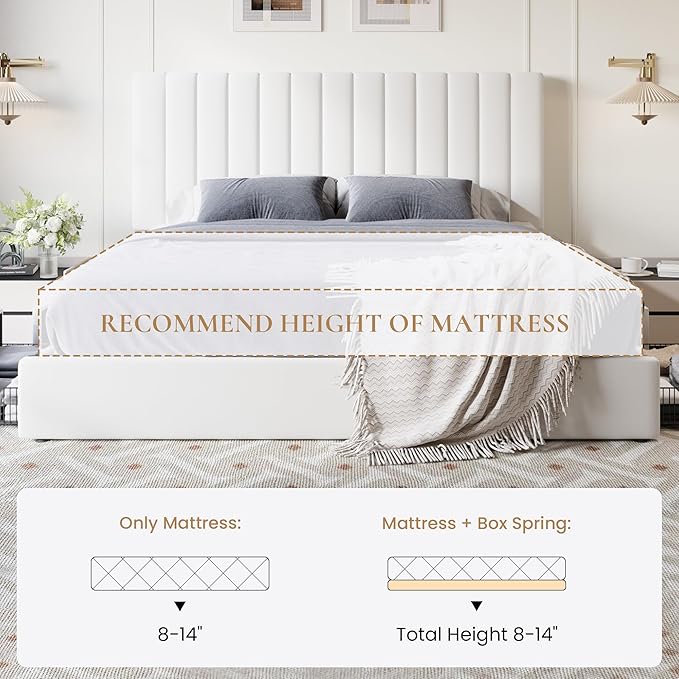 SHA CERLIN King Size Platform Bed Frame with 4 Storage Drawers, Vertical Channel Tufted Adjustable Headboard, Velvet Upholstered, Wooden Slats Support, No Box Spring Needed, Easy Assembly, White