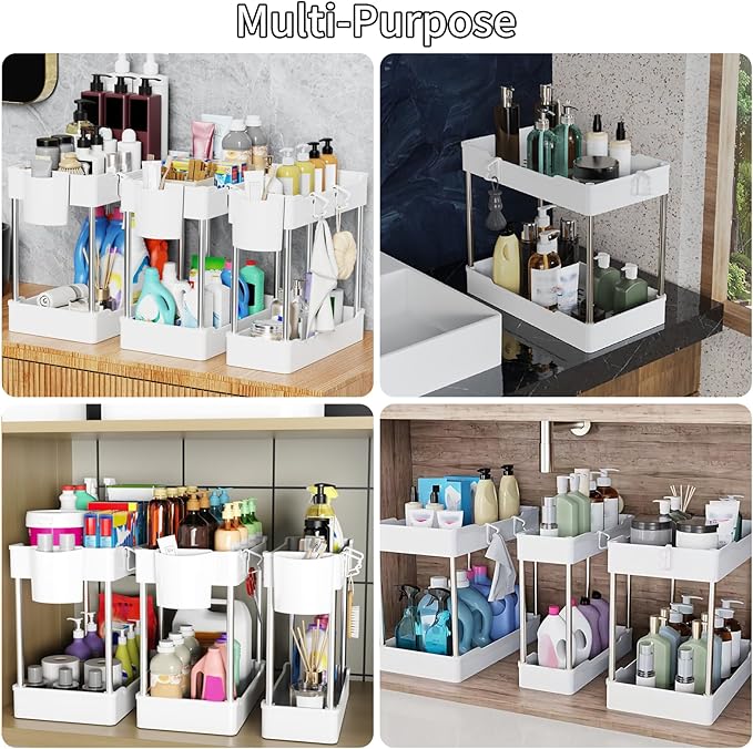 3 Pack Under Sink Organizers and Storage, 2 Tier Bathroom Cabinet Organizer Shelf with Hanging Cups for Kitchen & Bathroom (White)