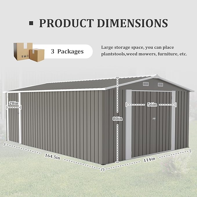 10 x 14 FT Outdoor Storage Shed, Metal Garden Tool Shed with Slooping Roof, Lockable Doors, All-Weather Bike Shed Easy to Assemble for Backyard, Patio, Lawn, Grey
