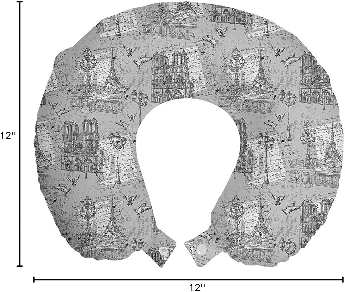 Ambesonne Paris Travel Pillow Neck Rest, Vintage Monochrome Image Seine River Notre Dame Doves Scenes from Europe, Memory Foam Traveling Accessory for Airplane and Car, 12", Grey Black White