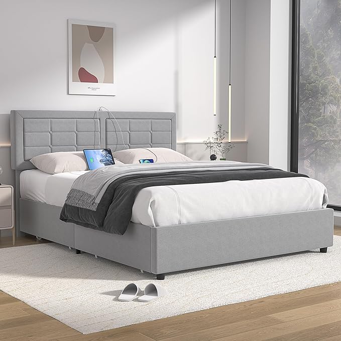 VECELO Full Size Bed Frame with 4 Drawers, Adjustable Tufted Button Headboard, Upholstered Platform with Wood Slats Support, Built-in USB and Type C Ports, Light Grey