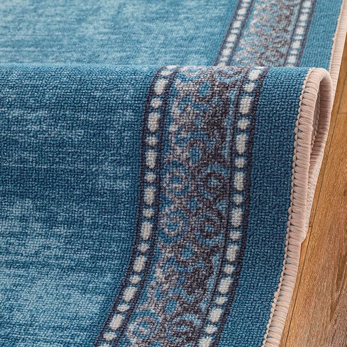 Antep Rugs Alfombras Bordered Modern 2x7 Non-Slip (Non-Skid) Low Pile Rubber Backing Indoor Area Runner Rug (Turquoise Blue, 2' x 7')