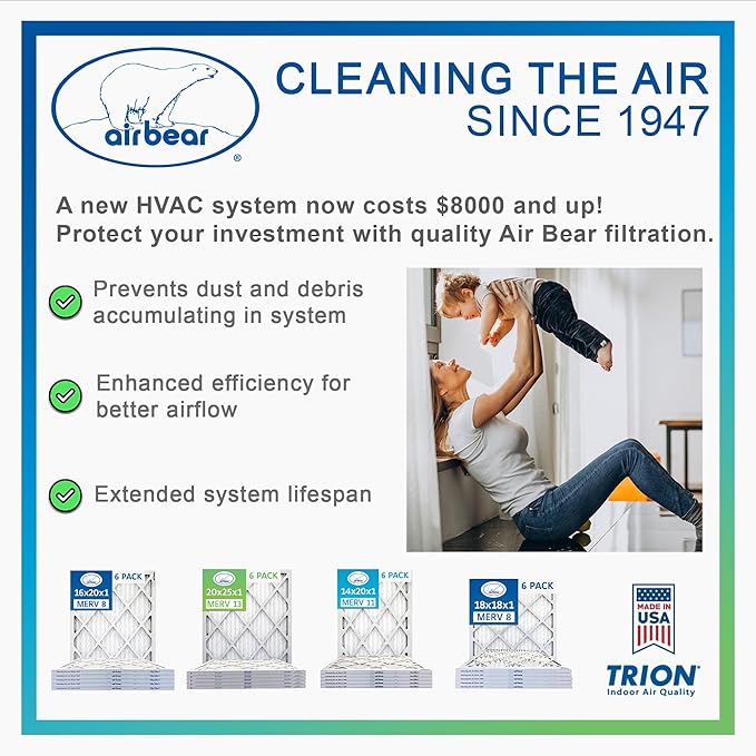 20x20x1 Air Filter MERV 8 TRION Air Bear Pleated HVAC Air Filters Replacement