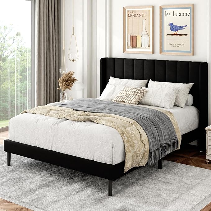 Full Size Bed Frame with Upholstered Wingback Headboard, Easy Assemnly Platform Bed, Wooden Slat Support No Box Spring Needed, Black