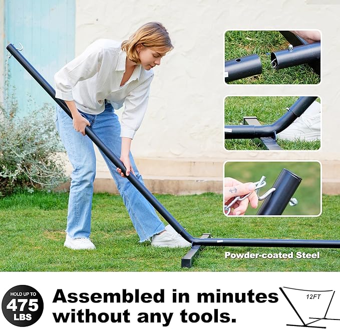 Waterproof Double Hammock with Stand for Outside Heavy Duty, 2 Person 55'' Large Quick Dry Textilene Hammocks with Hardwood Spreader Bar, Pillow, Pockets, 475lbs Capacity (Gray & Black)