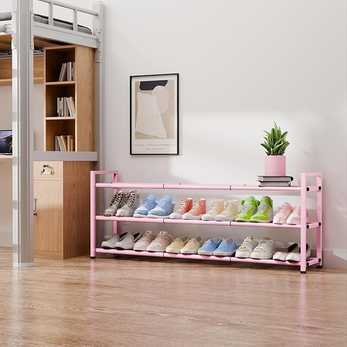 Bumusty 3-Tier Long Expandable Shoe Rack for Closet, 18"-44" Adjustable Shoe Rack for Entryway, 15-18 Pairs Large Shoe Organizer Shelf Storage, Sturdy Metal, Pink