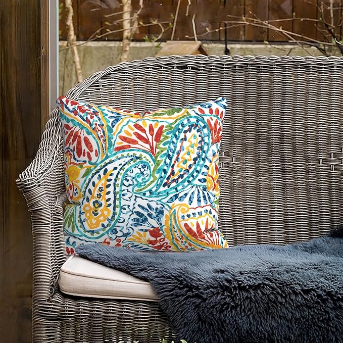 Outdoor Pillows for Patio Furniture 18x18 inch, Square Outdoor Throw Pillows with Inserts, Decorative Toss Pillows for Garden Couch Home Sofa Office Chair, Pack of 2, Paisley Multi