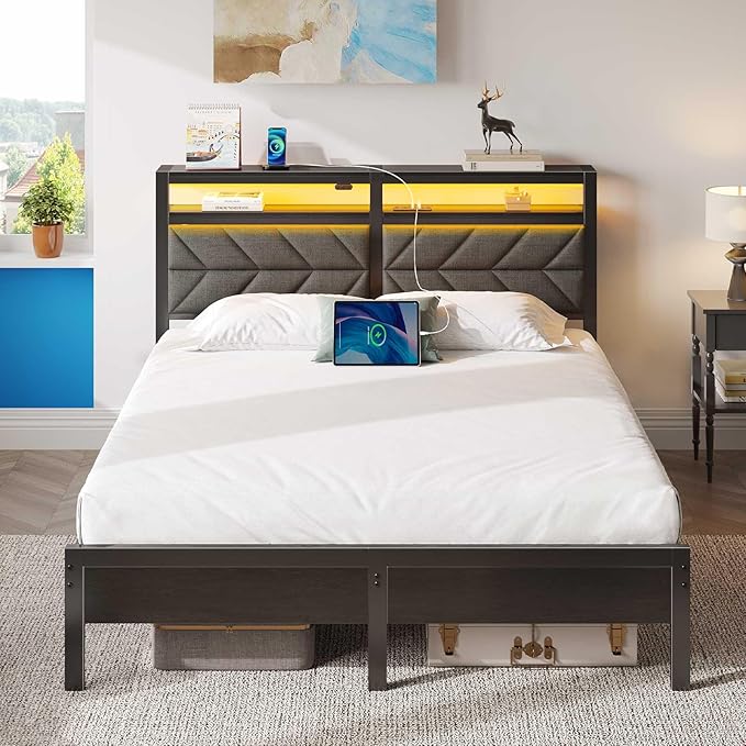 Seventable Bed Frame Full Size with Charging Station, LED Bed with Upholstered Storage Headboard, Metal Platform Bed with Under Bed Storage, No Box Spring Needed, Noise Free, Easy Assembly, Grey
