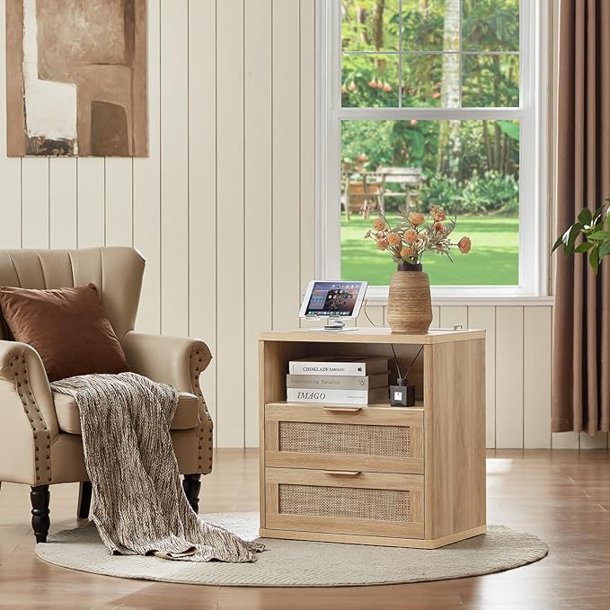 LEYAOYAO Rattan Nightstands Set of 2 with Charger Station, 23" Wide Boho Night Stand with 2 Drawers, Natural Wood Bedside Table Open Shlef, Bed Side End Table Dresser for Bedroom, Living Room Hallway