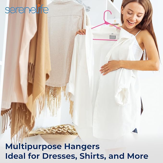 SereneLife Premium 20 Pack Plastic Hangers, Lightweight, Durable, Space Saving Clothes Organizers, Suitable for Shirts, Sweaters, Hoodies, Dresses, Kids Clothes, Good for Home Organization (Pink)