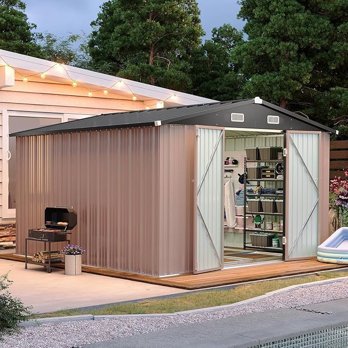 Aoxun 10x10 FT Shed Outdoor Storage Shed with Base, Large Shed Steel Utility Tool Shed Storage House with Door & Lock, Metal Sheds with Sloped Roof for Garden Patio Lawn Poolside, Brown