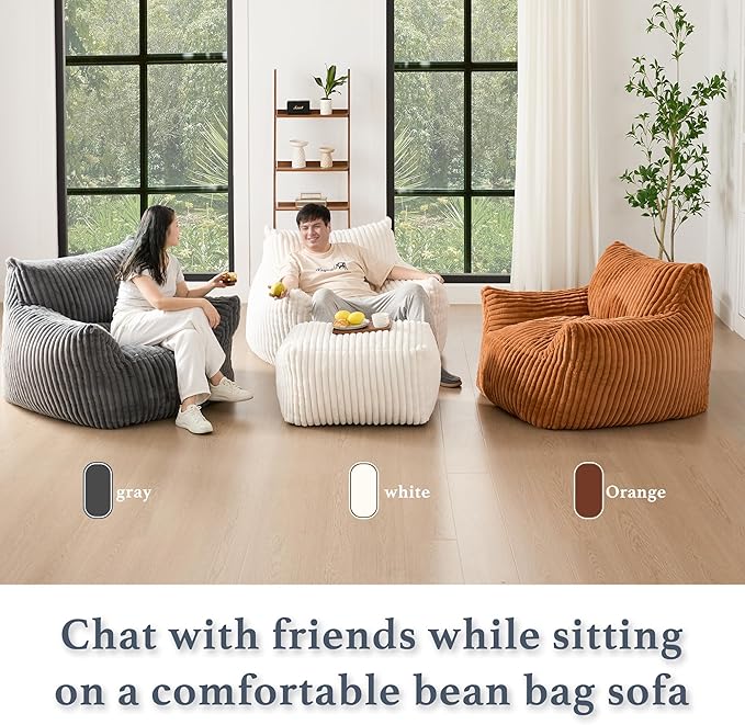 Oversized Bean Bag Chaise Lounge Chair Indoor for Adults with Armrests & Ottoman - Giant Comfy Gray Beanbag Floor Sofa Cloud Accent Chair for Reading, Gaming, Cozy Plush Cloud Mini Couch