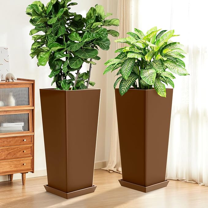 Set of 2 Tall Planters, 24" Large Indoor Outdoor Flower Pots with Tray, Modern Tapered Planters for Porch, Patio, Garden, Backyard