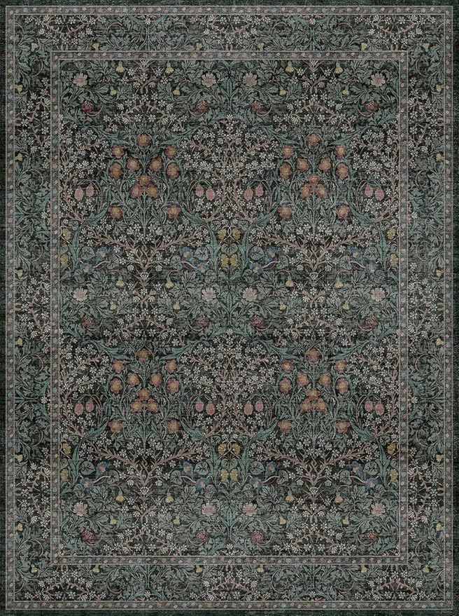 Dark Green Washable Entry Rug, 3x4 Rugs for Entryway Kitchen Bathroom Door Mat Indoor Entrance, Non Slip Rubber Backing, Stain & Fade Resistant, Vintage Floral Design