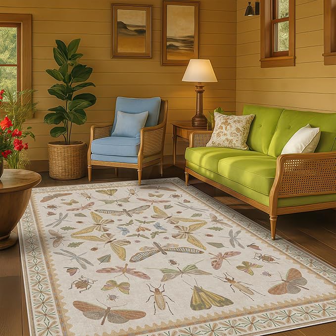 Beige and Yellow 5x7 Boho Rug for Living Room - Foyer Rugs for Entryway, Bedroom, Nursery Room, Insect Butterfly Bug Print, Washable Stain Resistant Home Décor