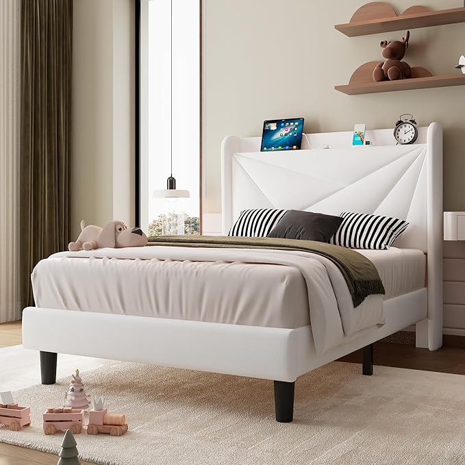 iPormis Twin Size Bed Frame with Charging Station, Velvet Platform Bed Frame with Wingback Headboard Upholstered Bedframe, Solid Wood Slats Support, No Box Spring Needed, Easy Assembly, White