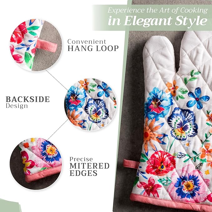 Maison d' Hermine Oven Gloves 100% Cotton Oven Mitt 7" x 13" with Loop Heat Resistant, BBQ, Cooking Gloves, Grilling, Kitchen, Handling Hot Pans Spring/Summer (Pack of 1, Happy Florals - High Summer)