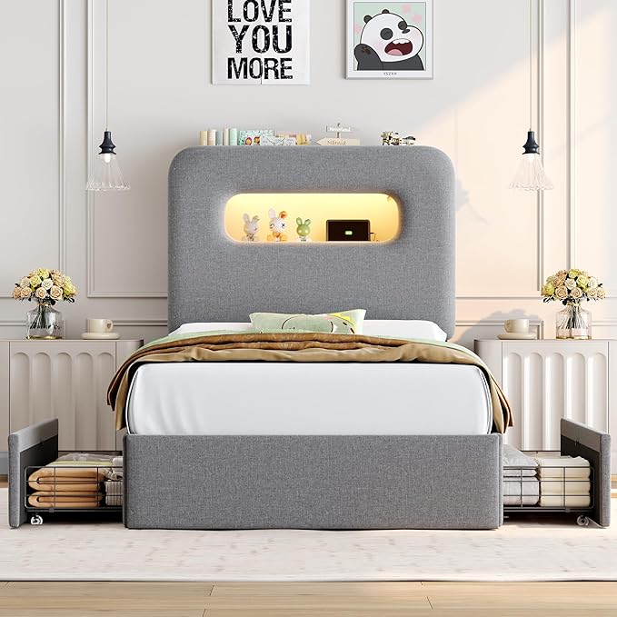 HOSTACK Twin LED Bed Frame with Storage Headboard and Charging Station, Boys Bed Frame with 2 Drawers and USB Ports, Velvet Upholstered Platform Bed Frame with Bookcase, No Box Spring Needed, Grey