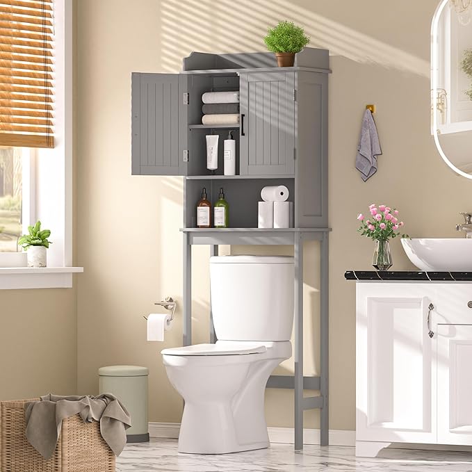 Over-The-Toilet Storage Shelf with Doors, Bathroom Freestanding Organizer Space Saver with Adjustable Shelf, Gray
