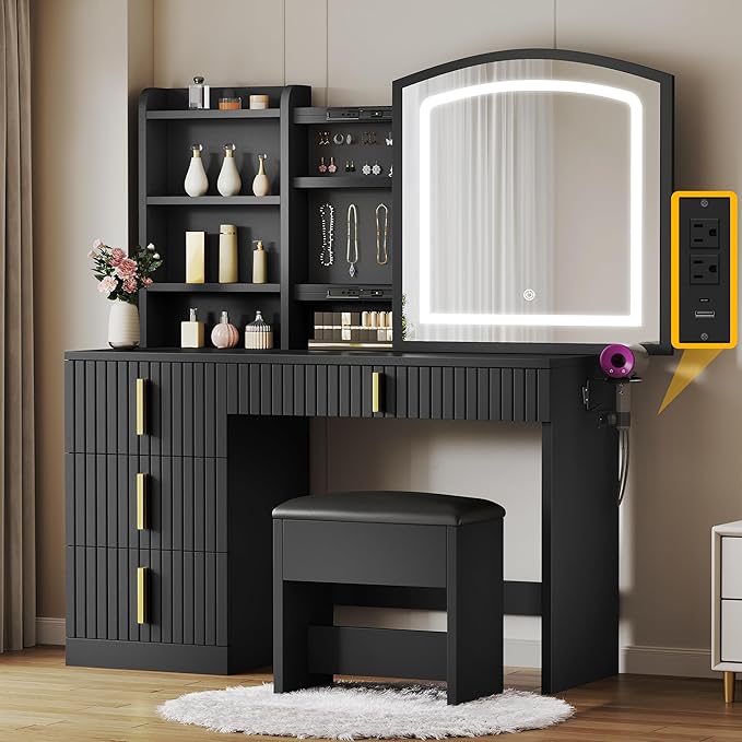 YITAHOME Vanity Desk with Mirror and Power Outlet, Fluted Vanity Table Set with Hidden Jewelry Storage, Big Makeup Desk with 4 Drawers, Black Dressing Table with Cushion Stool, 3 Lighting Color Modes