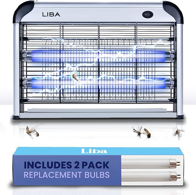 LiBa Electric Bug Zapper, Indoor Insect Killer - (2) Extra Replacement Bulbs - Fly, Mosquito Killer and Repellent - Lightweight, Powerful 2800V Grid, Easy-to-Clean, with a Removable Washable Tray.