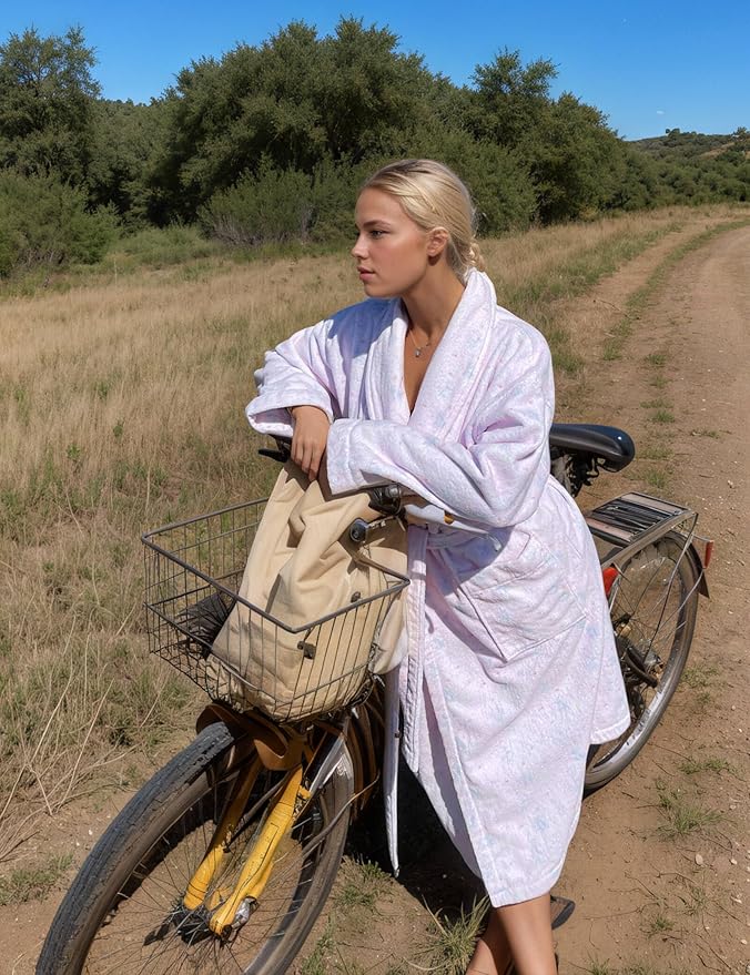 Women Fleece Floral Fruit Print Bathrobe Soft Flannel Lounge Robe Cute Fall Robe Lightweight Warm Gown with Belt