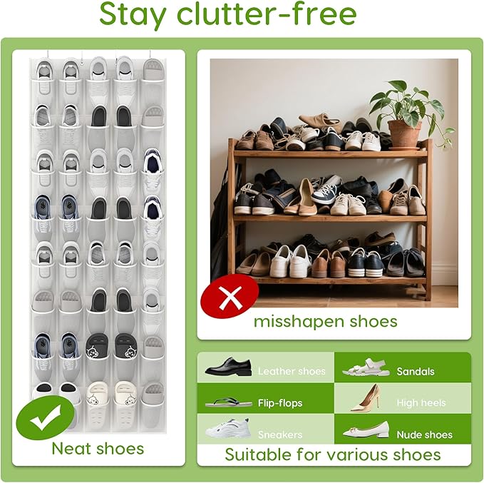 Unjumbly Over the Door Shoe Organizer with 40 Large Breathable Mesh Pockets, Space Saving Shoe Holder, Hanging Shoe Rack for Entryway Bedroom Closet Storage (White, 40 Pockets)